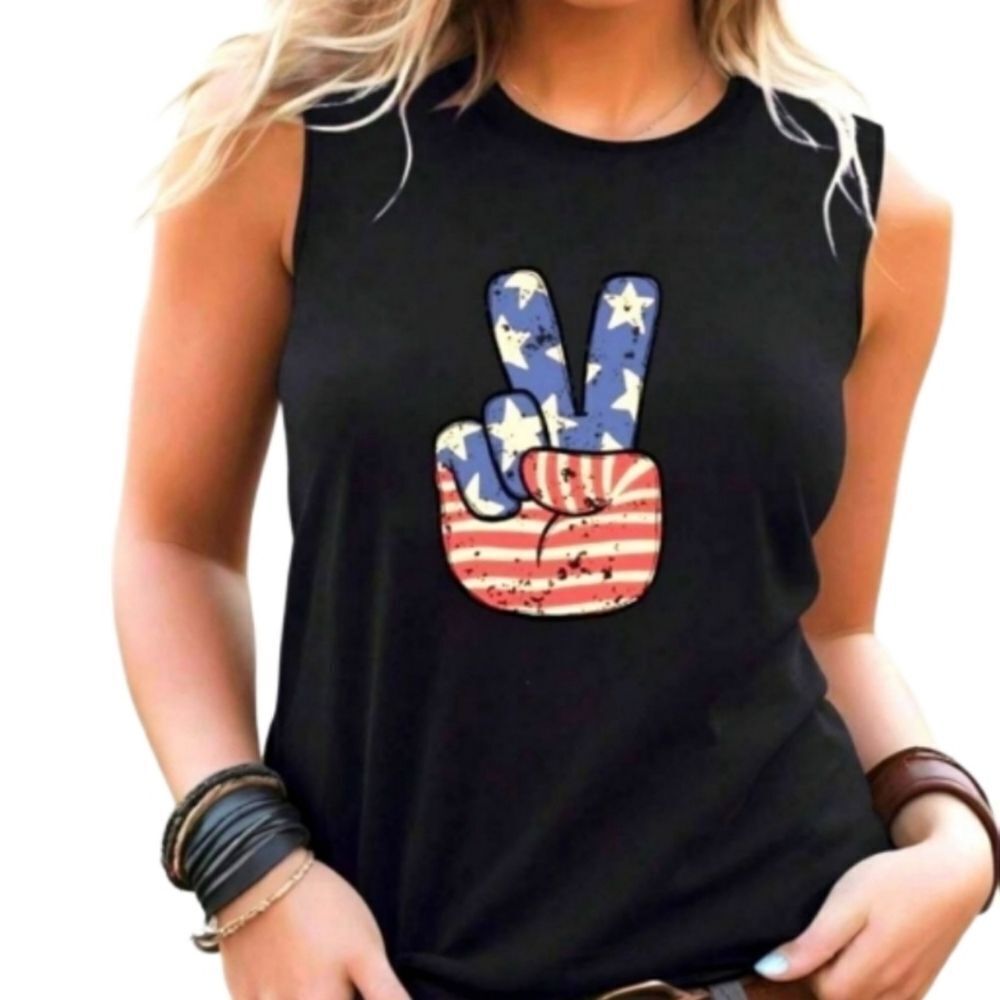 Super cute Black Tank Red White and Blue flag Peace Sign Top sz xl
